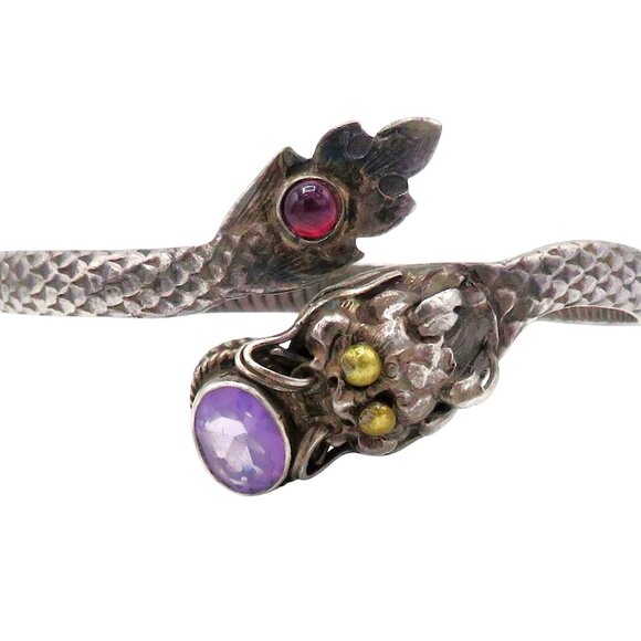 Vintage Sterling Silver Amethyst Snake Serpent Dragon Bangle/Cuff Style Bracelet - Picture 8 of 11